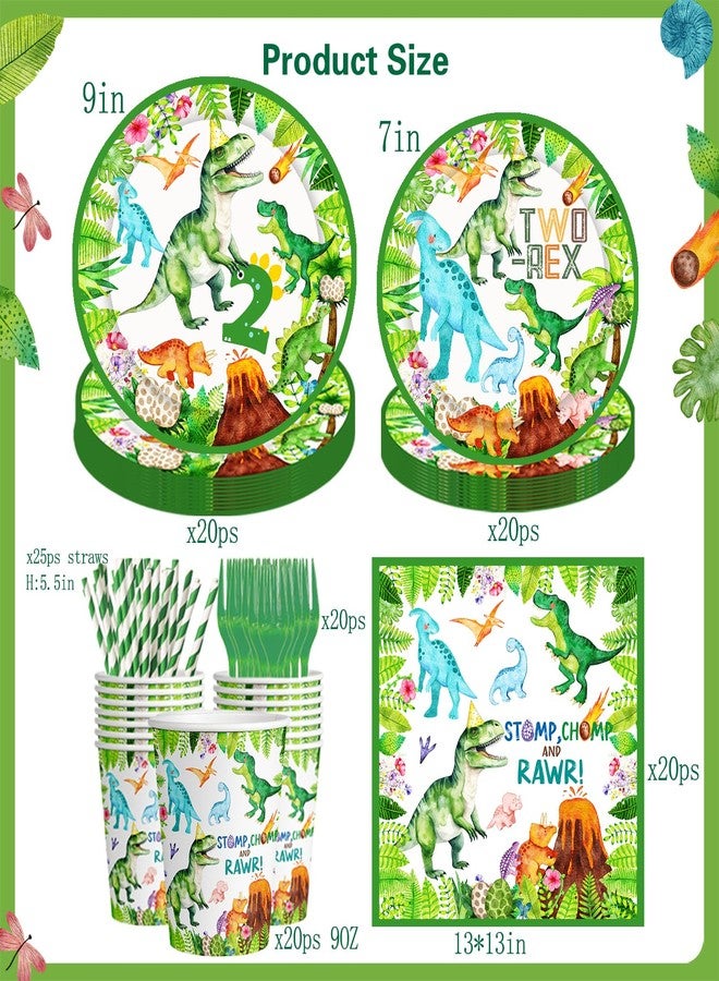 BIGKEOKI Two Rex Birthday Decorations Boy Watercolor Dinosaur 2nd Bday Party Plates Napkins Cups Tablecloth Hanging Swirls Banner Straws Forks for Dinosaur 2nd Bday Decor Party Supplies - Image 4